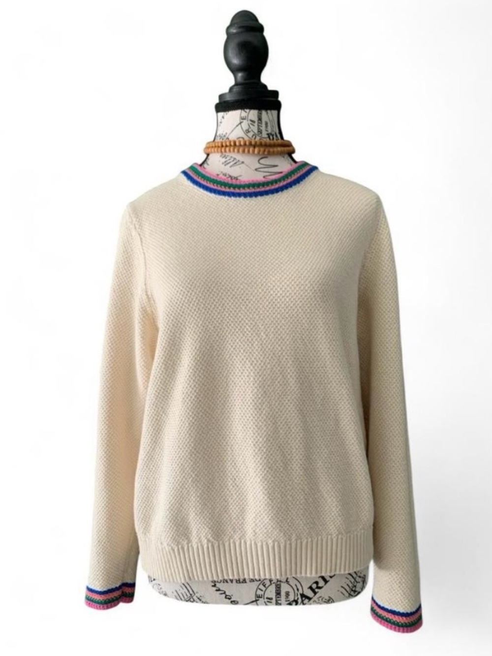 Boden Ivory Colorful Accents Knit Cotton “Callie” Pullover Sweater Size L